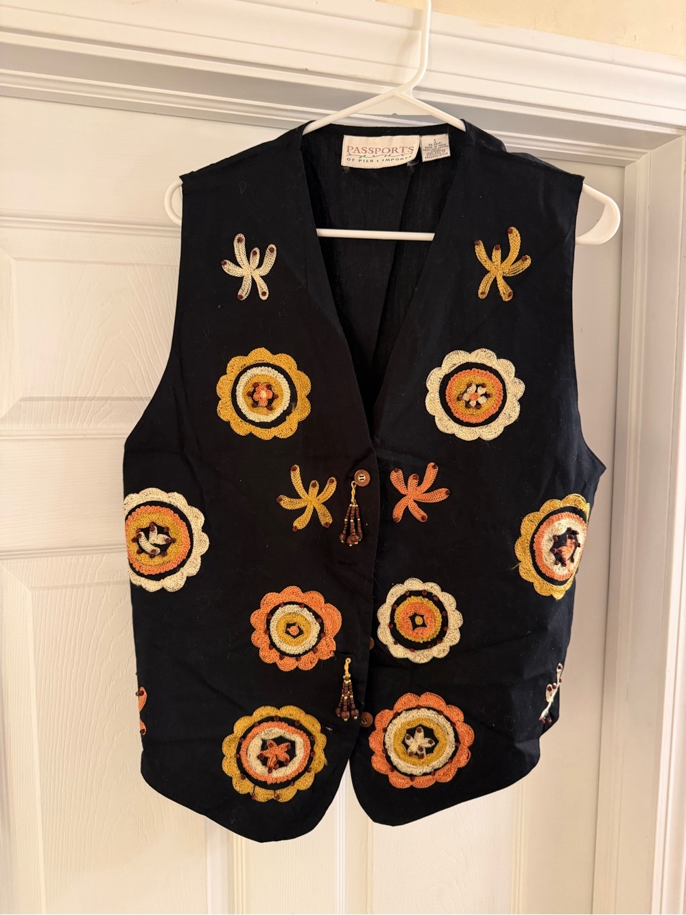 Passport Black Embroidered Floral Vest with Yellow & Orange Accents